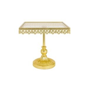 Elegant Gold Metal Cake Stand with Glass Top – Decorative Square Dessert Display Pedestal