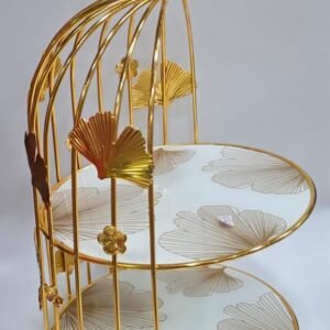 2-Layer Glass Cupcake Stand with Gold-Plated Stainless Steel Frame – White Floral Design