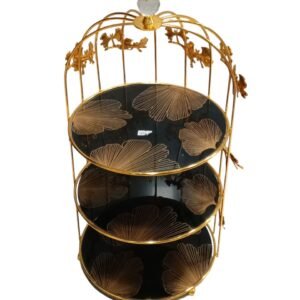 Luxury 3-Tier Decorative Dessert Stand – Gold Frame with Black Floral Glass Trays & Crystal Top | Elegant Cake Display Rack